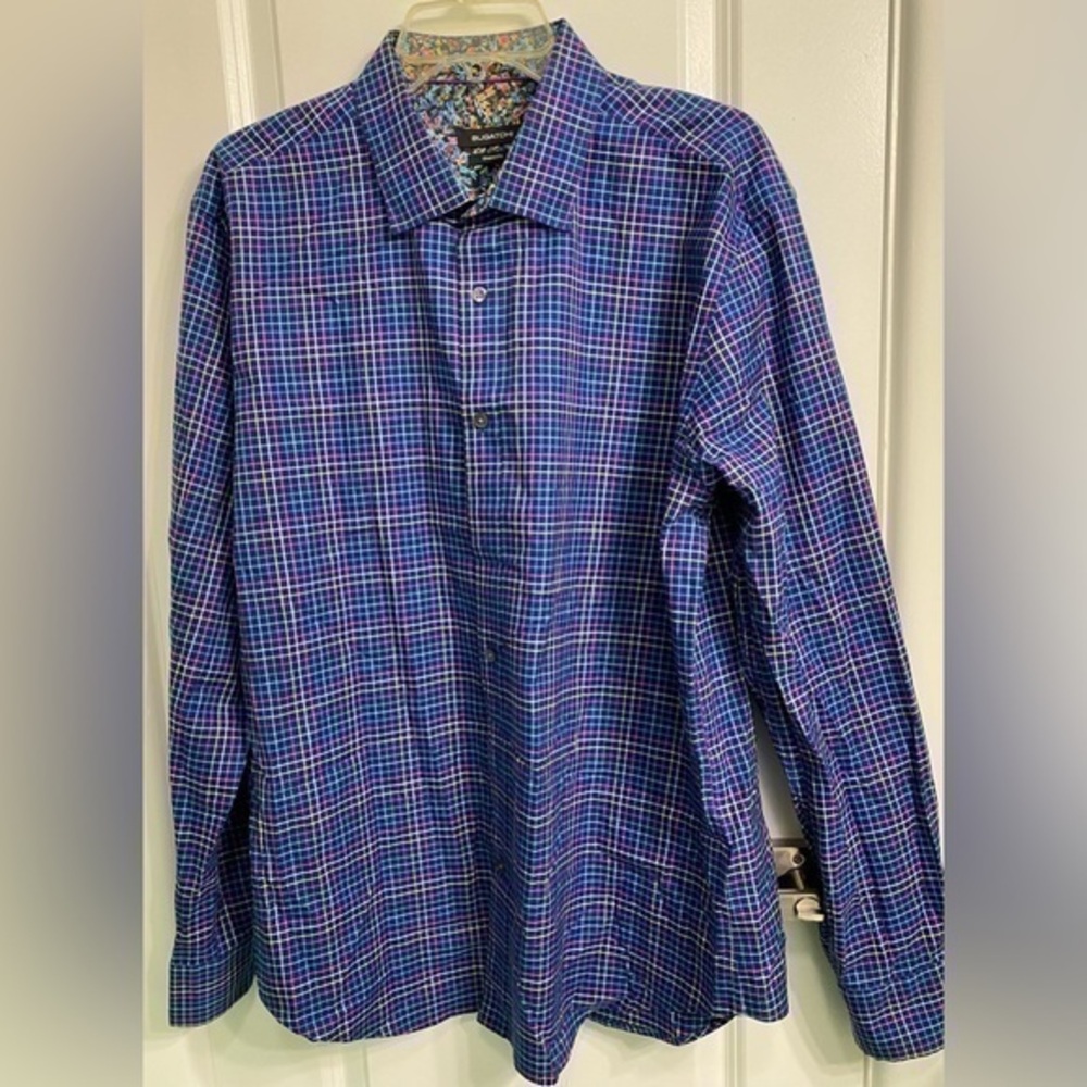 Bugatchi shaped Fit blue plaid button down shirt XL